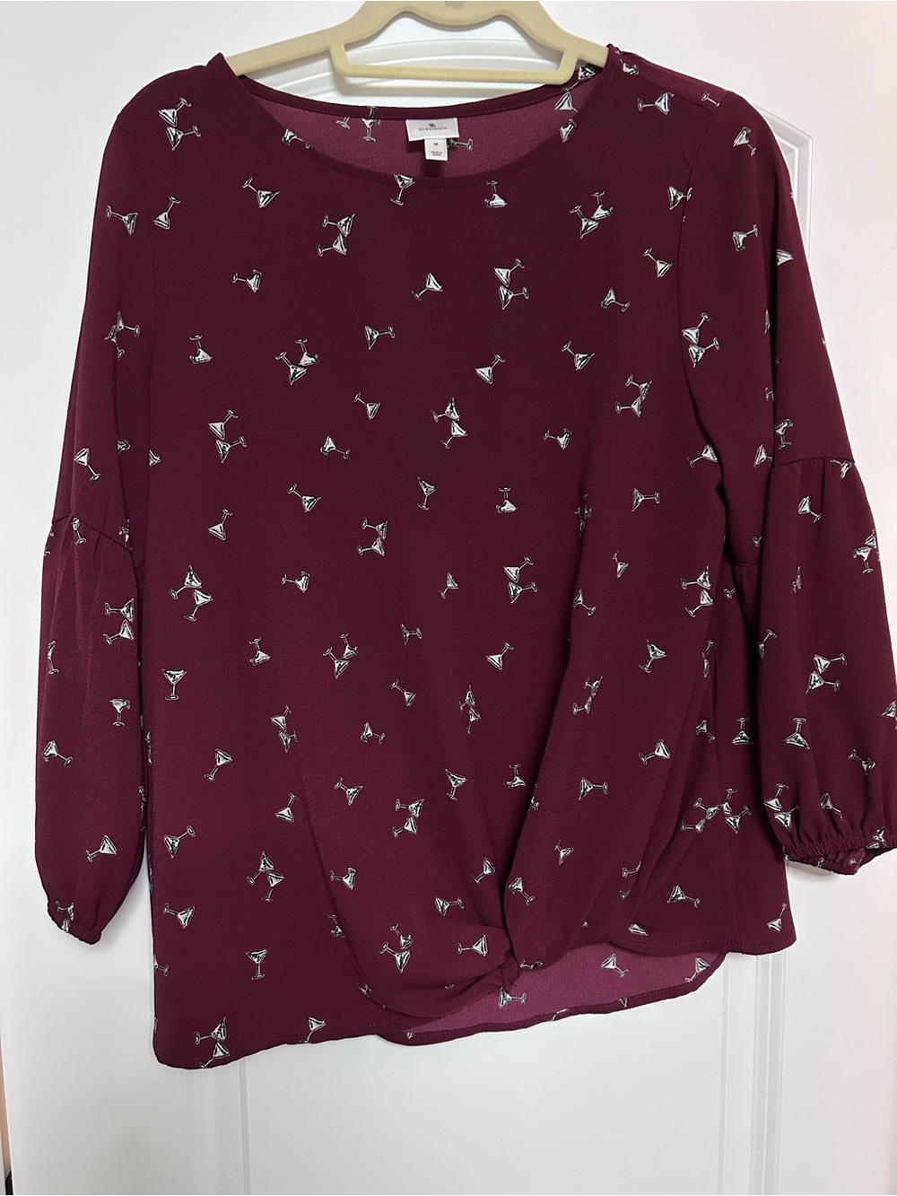 dressbarn Burgundy Twist-Hem Blouse with Martini Print